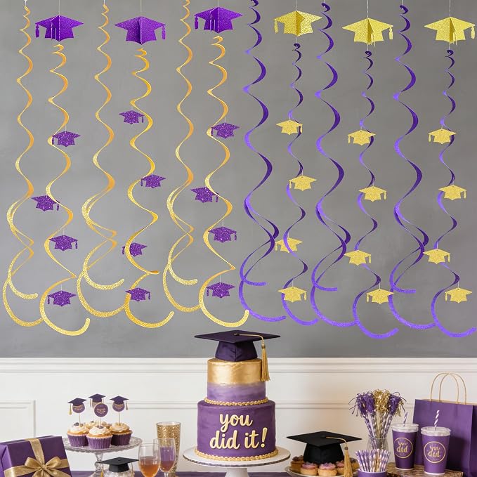24Pcs Purple Gold Graduation Grad Cap Hanging Felt Swirl Streamer Spiral - Image 5