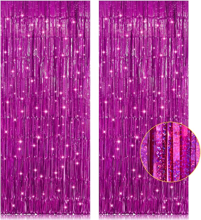 2 Pack 3.2ft x 8.2ft Hot Pink Metallic Tinsel Foil Fringe Curtains, Photo Booth by welcomePIGETALE