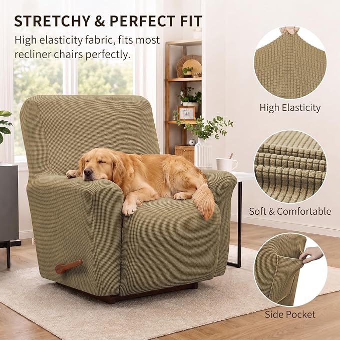 Recliner Chair Covers, 1-Piece Lazy Boy Recliner Covers, Tan | Washable Stretch - Image 2