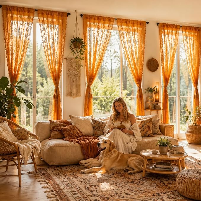 WAZZIO Boho Lace Curtains 2 Panels 84 Inch -Victorian Sheer Panel Drape French - Image 9