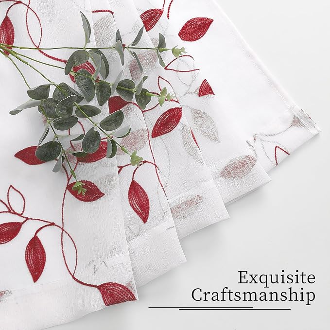 Tollpiz Burgundy Red Leaf Sheer Tier Curtain Kitchen 30 x 36 Inches | Leaves - Image 7