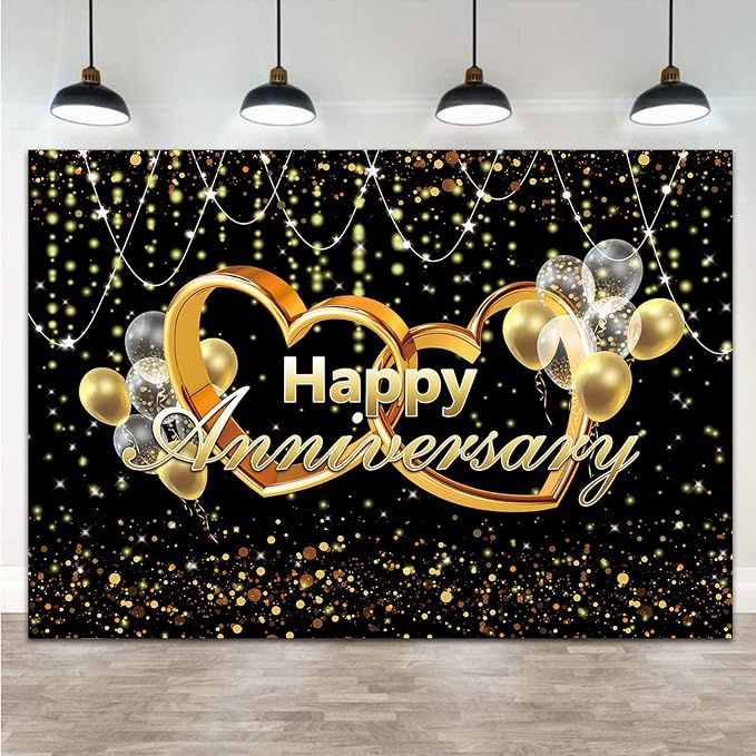 Happy Anniversary Backdrop Black and Gold Balloons Photography Background Poster by Qian
