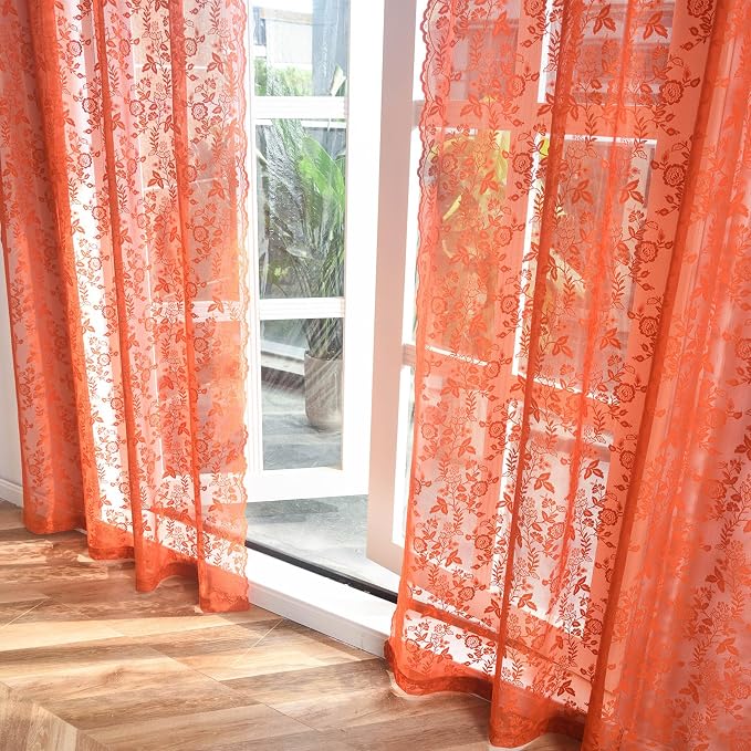 FINECITY Burnt Orange Floral Sheer Curtains - Image 6