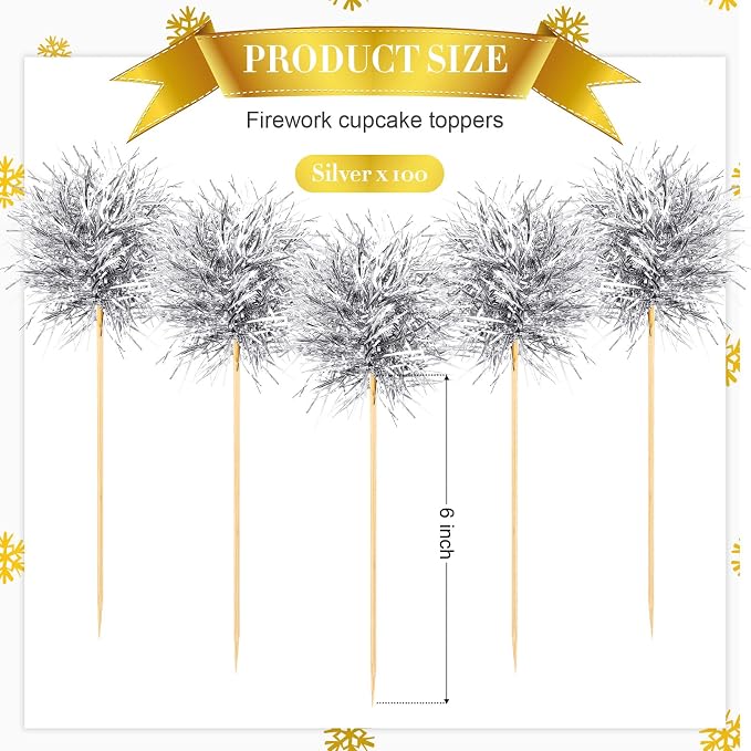 Chinco 100 Pcs Silver Foil Firework Cupcake Toppers New Year Sparkle Tinsel - Image 2