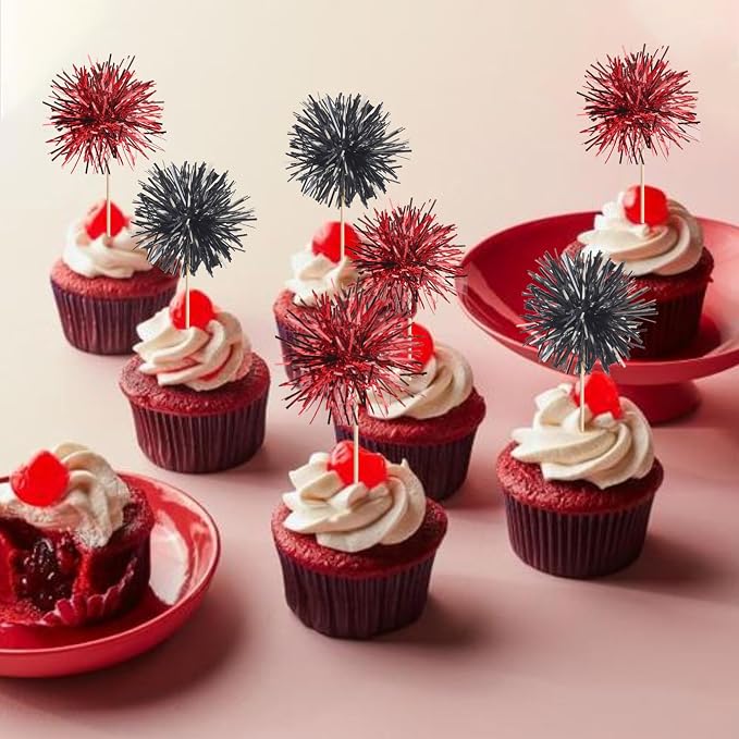 40 PCS Foil Firework Cupcake Toppers Sparkle Tinsel Cupcake Picks Fireworks - Image 7