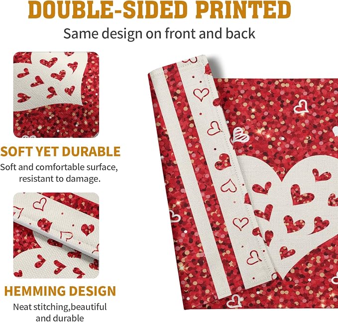 Valentine Hearts Placemats Set of 4, 12x18 Inch Red White Love Heart Linen - Image 5