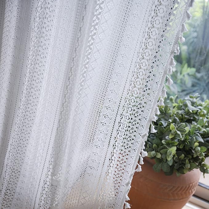 Sutuo Home Cream White Crochet Boho Curtain 84 Inches Length, Sheer Lace - Image 4
