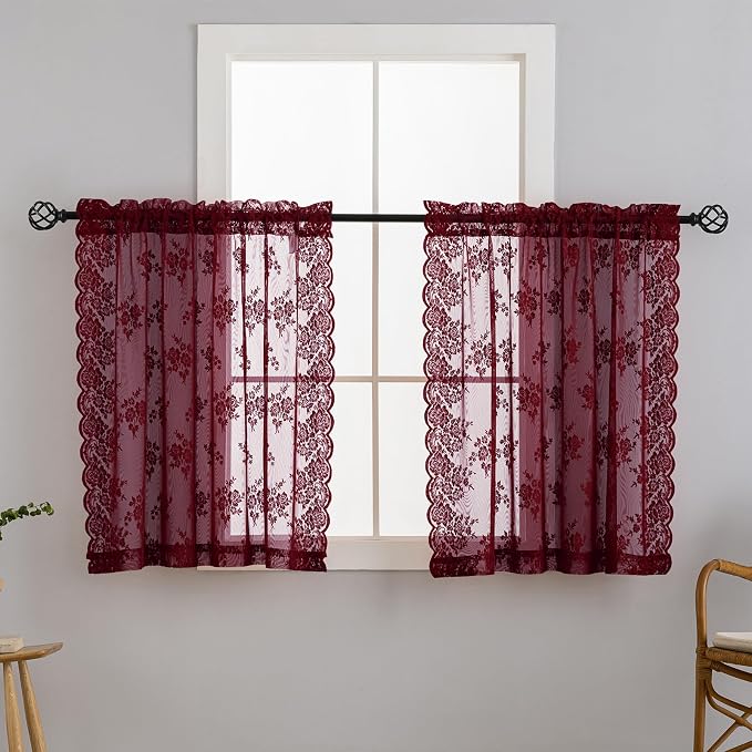 Kotile Short Burgundy Lace Curtains Rustic Floral W42 x L30 Inch, 2 Panels | - Image 9