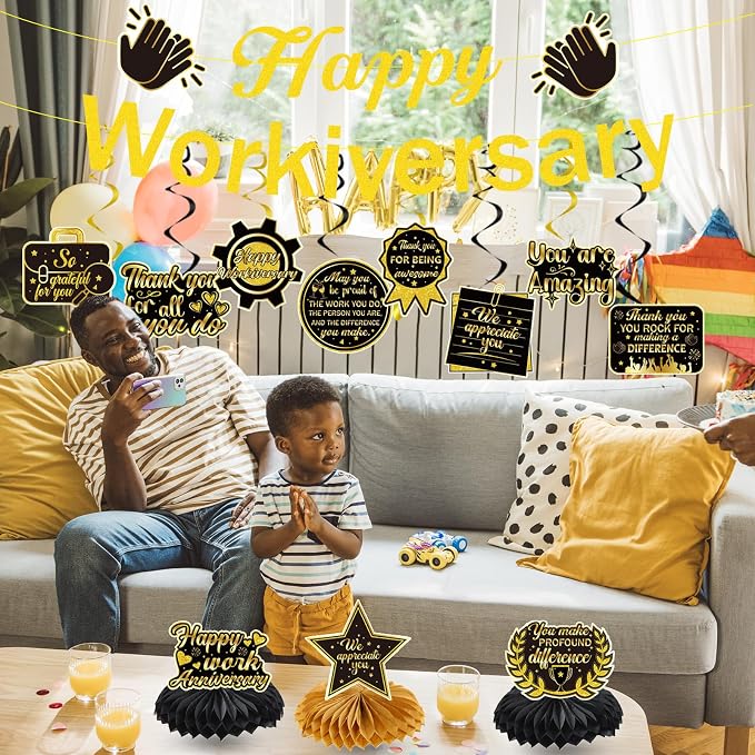 Work Anniversary Party Decorations Banners Swirls Honeycomb | Happy - Image 4