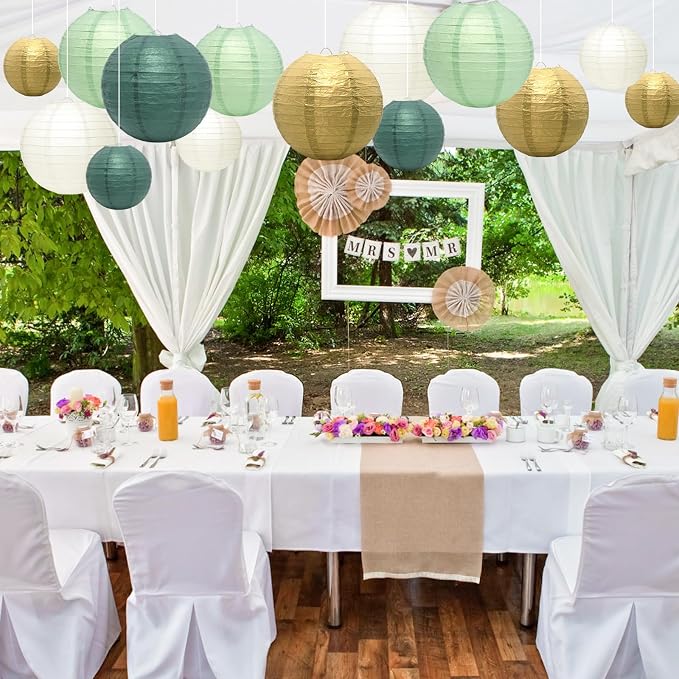 21Pcs Sage Green Gold Lanterns, 4-10in Hanging Decor, Wedding Baby Shower | - Image 5