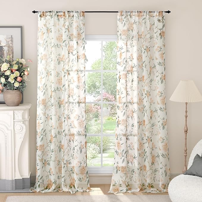 Floral Sheer Curtains for Living Room Window, Country Patterned Light Filtering by Lajode