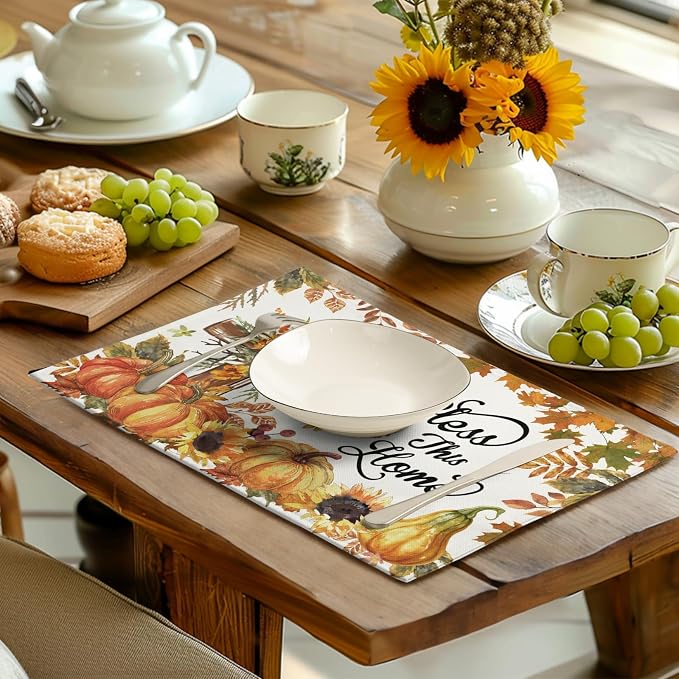 Fall Cross Pumpkin Placemats Set of 4 Autumn Thanksgiving Harvest Sunflower - Image 6