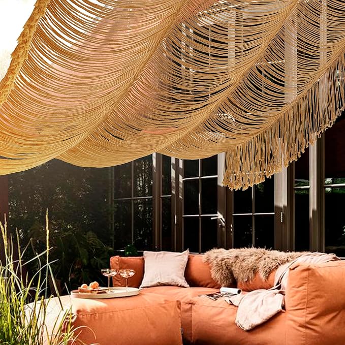 Macrame Curtain Boho Handmade Fiber Art Khaki Window Decor Yarn 59" W*75" L | - Image 3