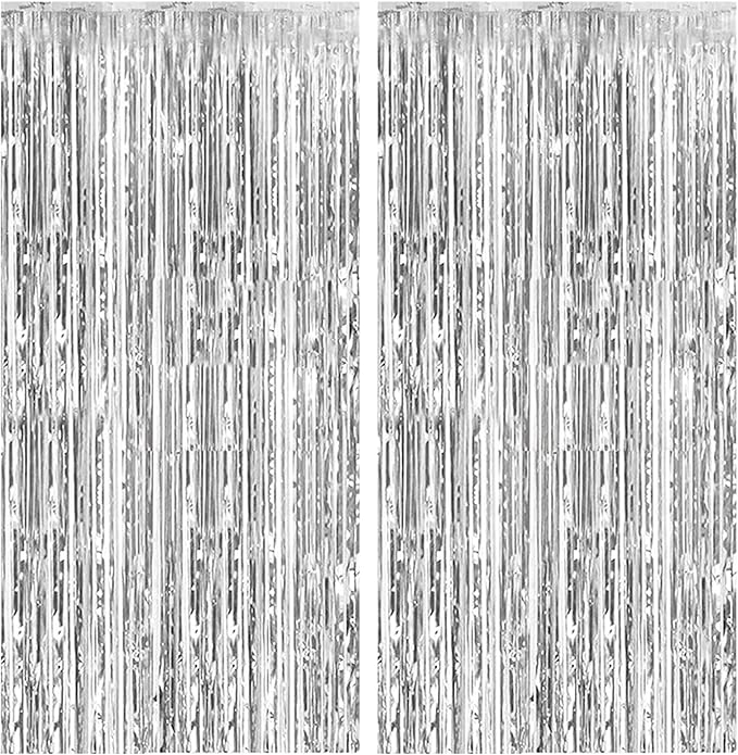2 Pack Foil Curtain Backdrop Silver Metallic Tinsel Foil Fringe Curtains Photo Booth Props for Birthday Wedding Engagement Baby Shower Bachelorette Christmas Holiday Celebration Party Decorations