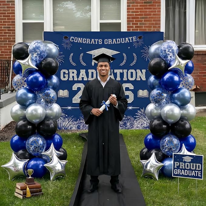 Blue and Black Balloons, Pearl Navy Blue Black Silver Dark Blue Star Confetti - Image 3