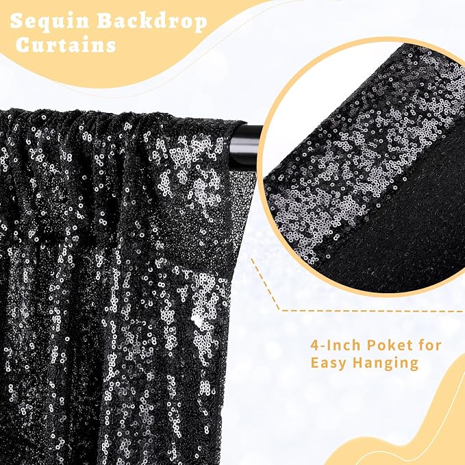 Black Sequin Backdrop Curtains Party Photo Glitter Drapes 2 Pcs 2FTx8FT | - Image 2