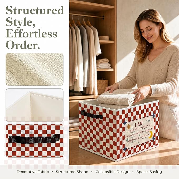 Red Checkered Christian Foldable Storage Bins Box - Image 2