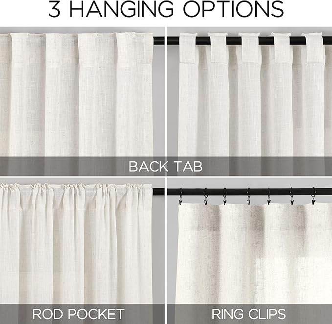 Beige White Linen Curtains 84 Inch Length 2 Panels Set - Image 2