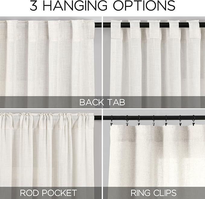 Beige White Linen Curtains 90 Inch Long 2 Panels Set - Image 2