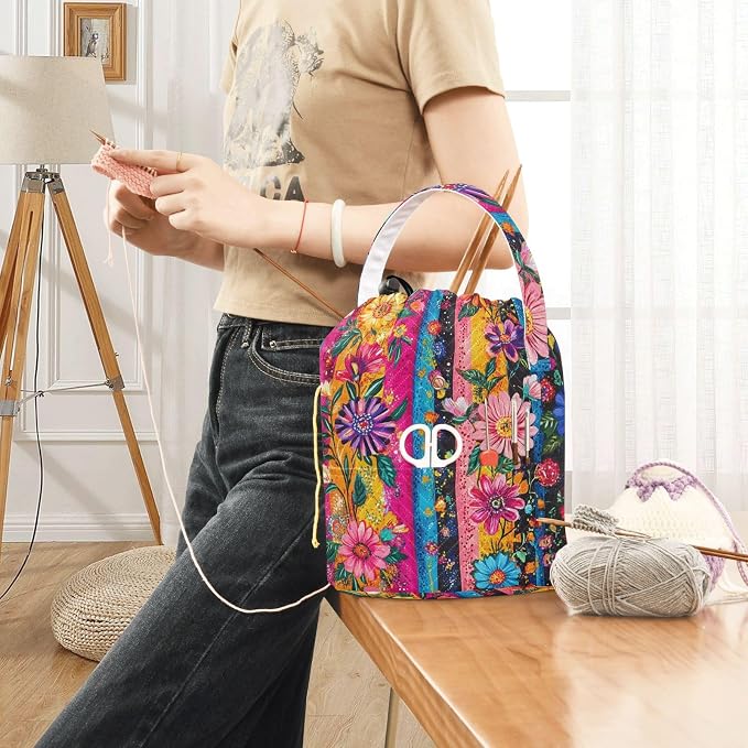 Ethnic Fiesta Striped Mexican Floral Yarn Bag Small Crochet Bag Drawstring Yarn - Image 6