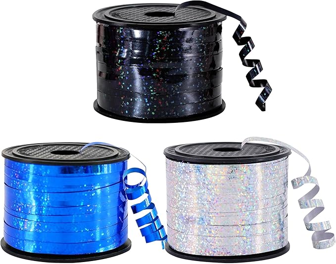 BEISHIDA 3 Pack 100 Yards Blue Black Silver Curling Crimped Glitter Ribbon by Beishida
