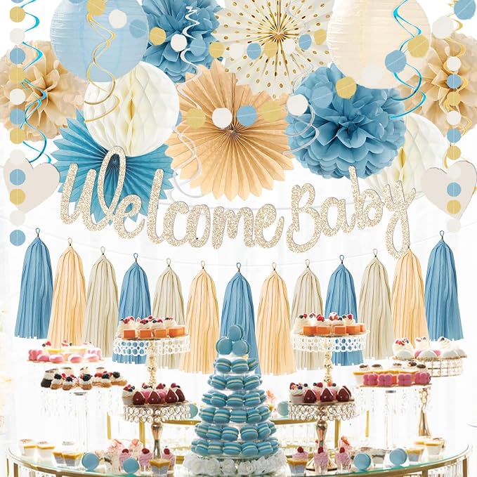 Light-Dusty Blue Boho Baby Shower Party-Decorations Beige Champagne Boy Neutral - Image 5