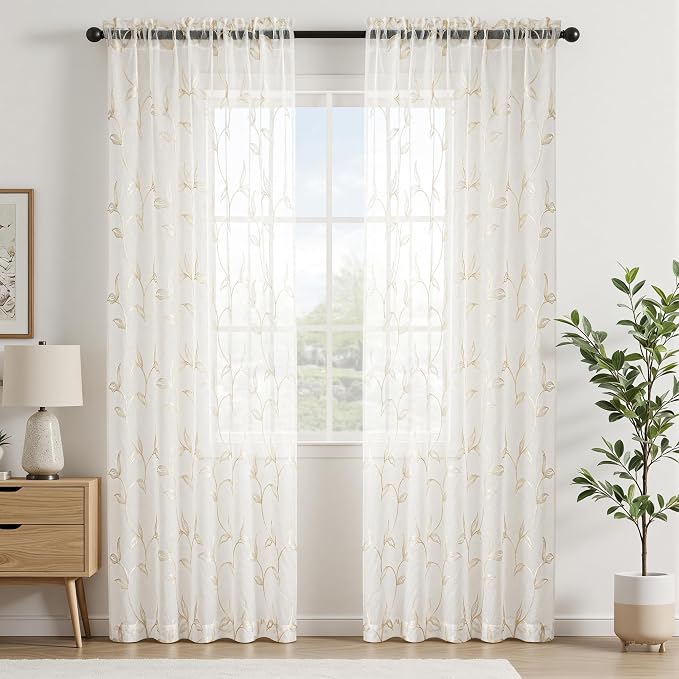 Sheer Curtains Boho Leaf Floral Embroidered Cream Beige 54Wx102L | Light - Image 3