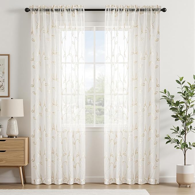 Sheer Curtains Boho Leaf Floral Embroidered Cream Beige 54Wx72L | Light - Image 2