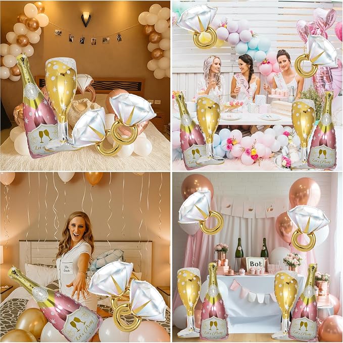 4 Pcs Bachelorette Balloons, Huge Rose Gold Champagne Bottle Diamond Ring - Image 5