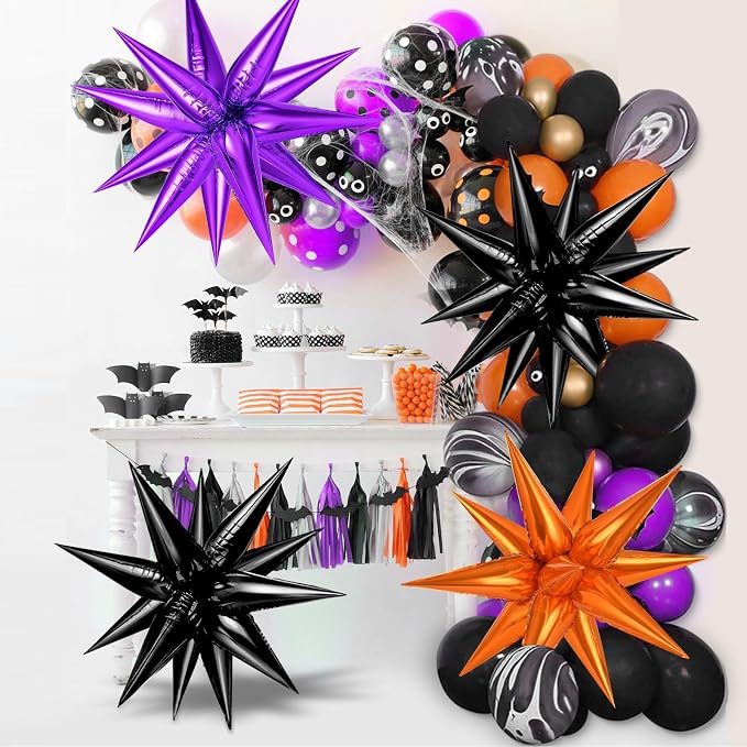 Purple and Black Orange Star Balloons, Metallic Cone Mylar Spike Balloons - Image 2