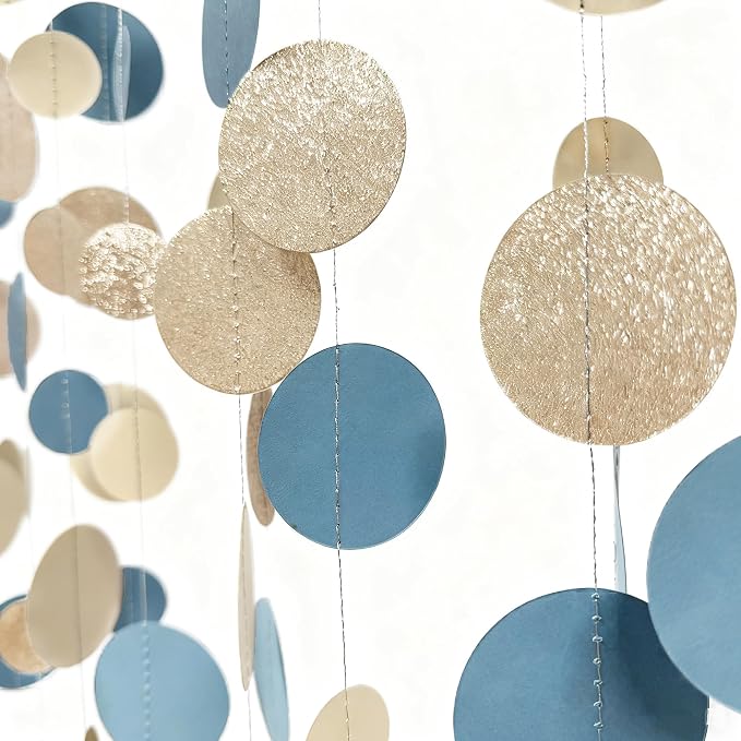 Champagne Gold Dusty Blue Beige Circle Dot Garland Hanging Paper Polka Dot - Image 3