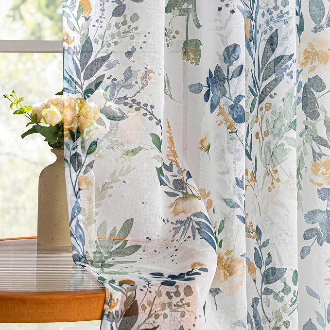 MYSKY HOME Yellow and Blue Floral Sheer Curtains 63 Inch Length by MYSKYHOME