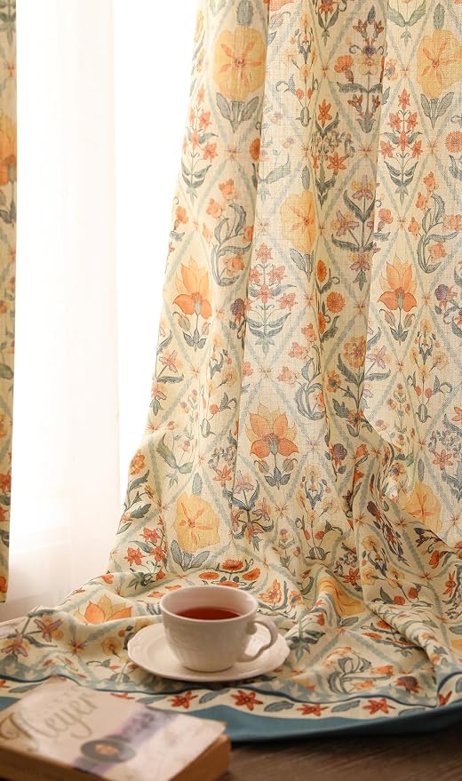 Designer French Linen Printed Curtains, 2 Panels, Floral Pattern Draps - Image 9