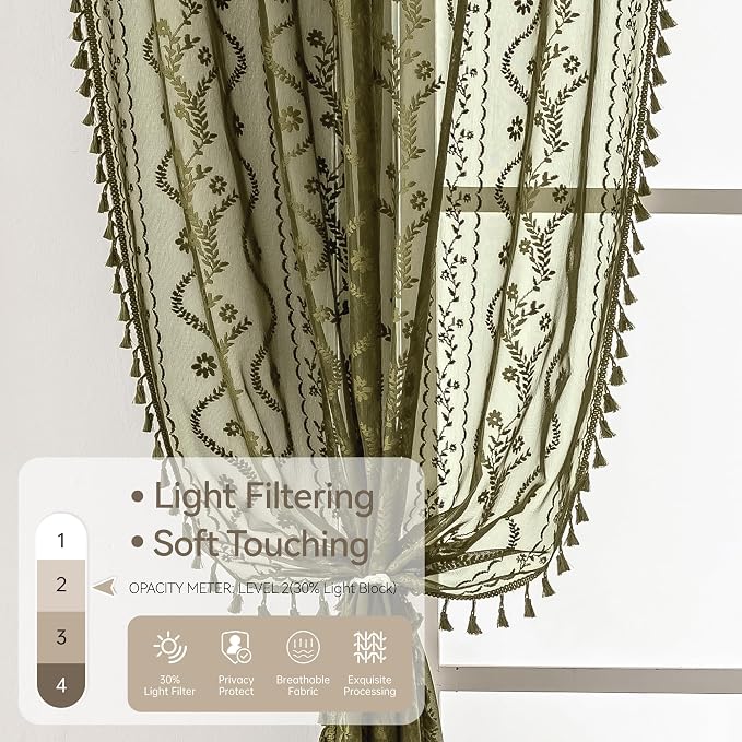 WAZZIO Boho Lace Curtains 2 Panels 63 Inch -Victorian Sheer Panel Drape French - Image 5