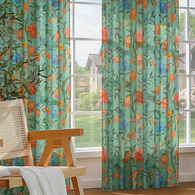 Green Boho Floral Linen Curtains Whimsical Semi Sheer Botanical Bird Block - Image 6