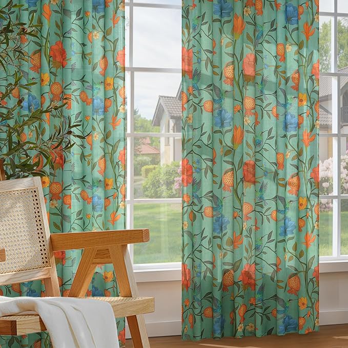Green Floral Linen Curtains, Boho Whimsical Bird Print Curtains - Image 6