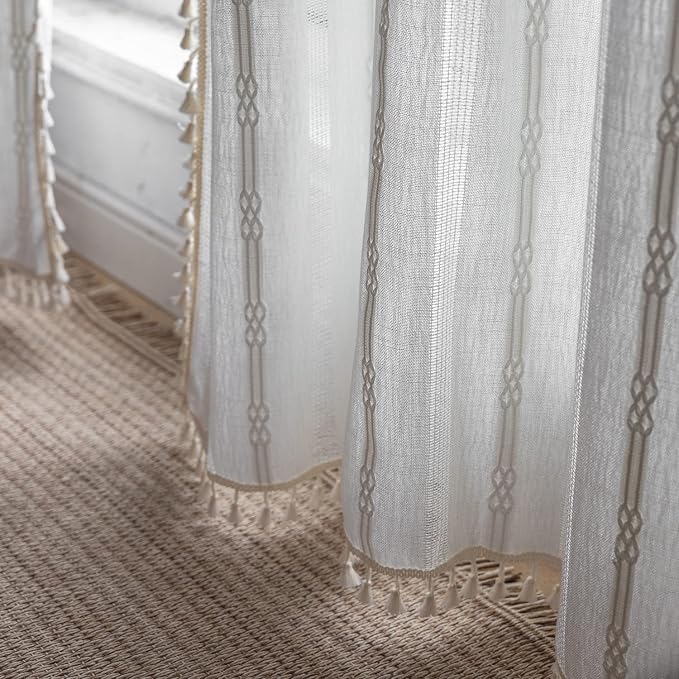 Boho Curtains for Bedroom Embroidery Striped Farmhouse 84 Inches Long 2 Pannels - Image 7