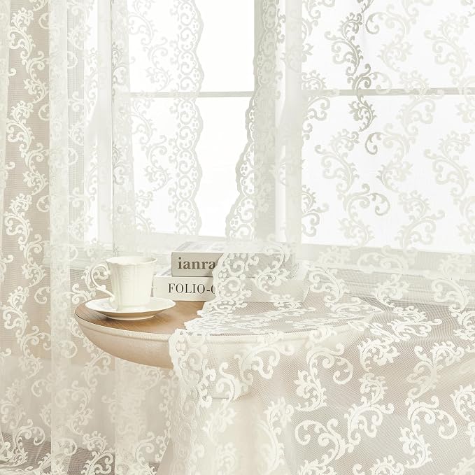 Cream Lace Curtains 108 Inches Long 2 Panels Paisley Floral Curtains - Image 2