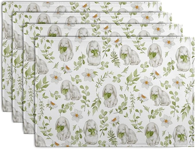 Easter Bunny Rabbits Placemats Set of 4 Easter Spring Green Leaves Flroal by Wnoesat