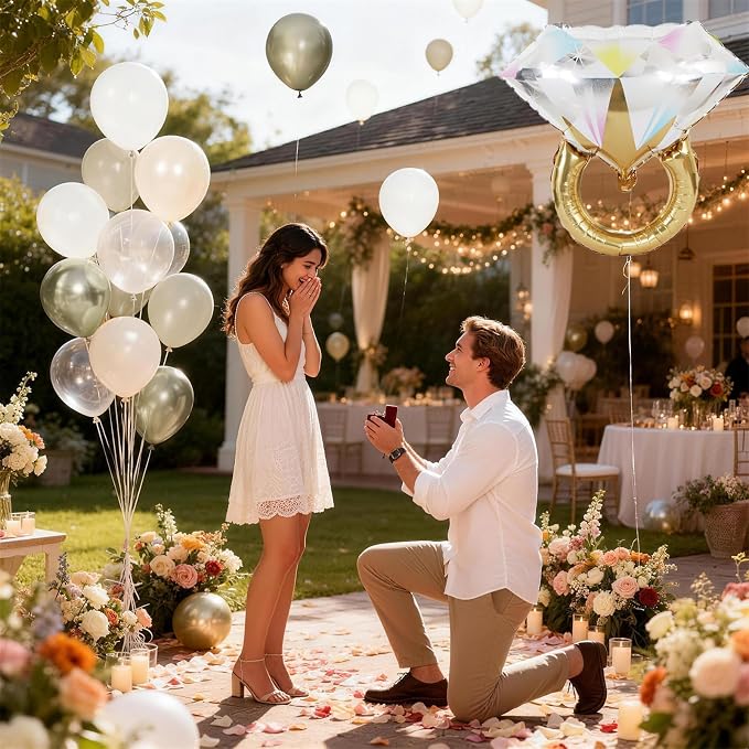 Gold and White Diamond Ring Balloons, Pearl White Beige Gold Double Latex - Image 3