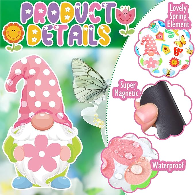 25 Pcs Hello Spring Magnet Car Decorations Colorful Waterproof Flowers Automotive Magnet Stickers Refrigerator Bee Butterfly Gnome Magnets Home Decor Party Supplies for Cars Office Whiteboard