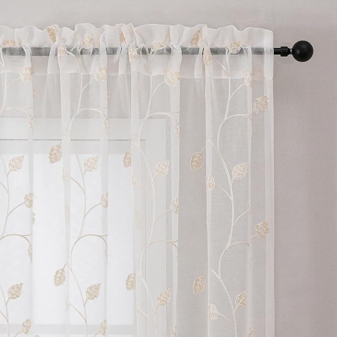Beige Sheer Curtains Decorative Embroidered Leaf 63 Inches Long | Light - Image 3