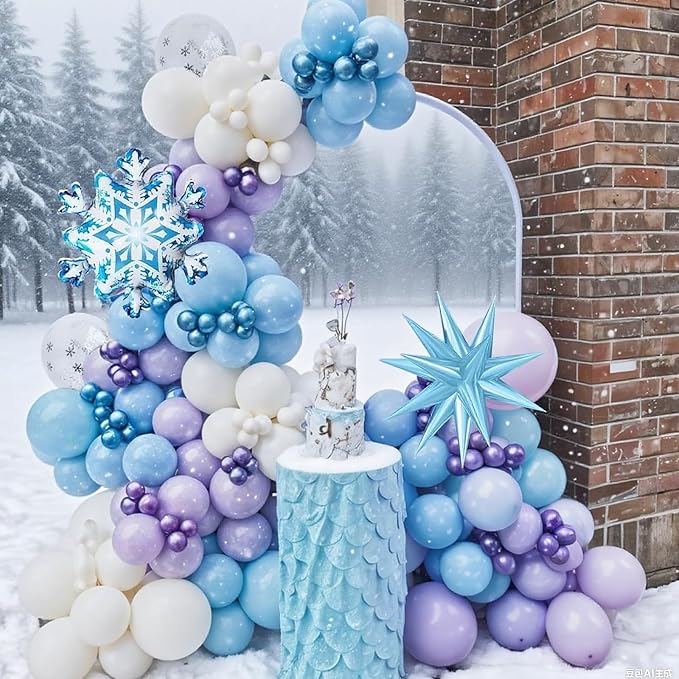 Blue Purple Snowflake Balloons, Pearl Light Blue Purple Metallic Clear Latex - Image 4