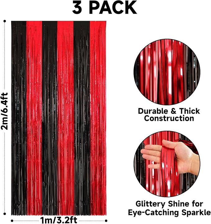 jijAcraft Black Red Tinsel Foil Fringe Curtain, 2 Pack 3.2x6.5 Feet Metallic - Image 2