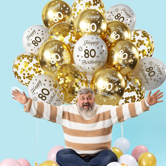 White Gold 80th Birthday Balloons Pack of 15 Men Women Happy 80th Birthday - Image 7