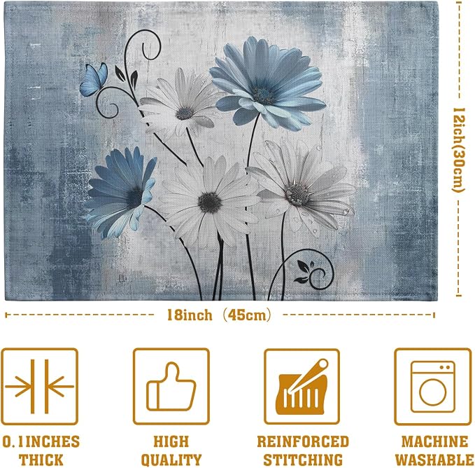 Daisy Placemats Set of 4 Blue Grey Rustic Vintage Floral Table Place Mats 12x18 - Image 4