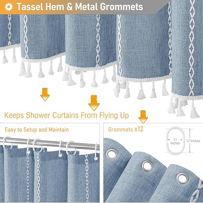72x96 Extra Long Boho Linen Heavy Duty Cloth Shower Curtain Set, 330GSM Linen - Image 5