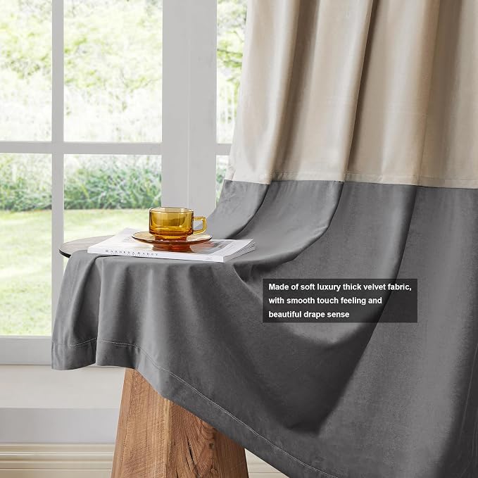 BULBUL Luxury Color Block Velvet Curtains 63 inch- Champagne Gray | Modern | - Image 5