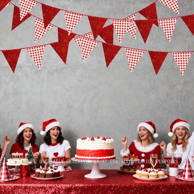 Red Buffalo Plaid Party Decorations Pennant Banner Flag Hanging Red Glitter - Image 9