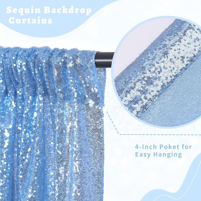 Baby Blue Sequin Backdrop Curtains Party Photo Glitter Drapes 2 Pcs 2FTx8FT | - Image 5